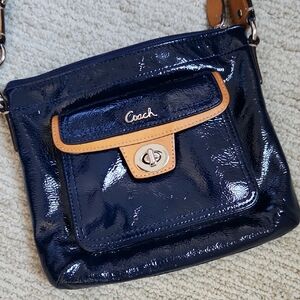 Coach Patent Leather Crossbody Bag in Navy and Tan